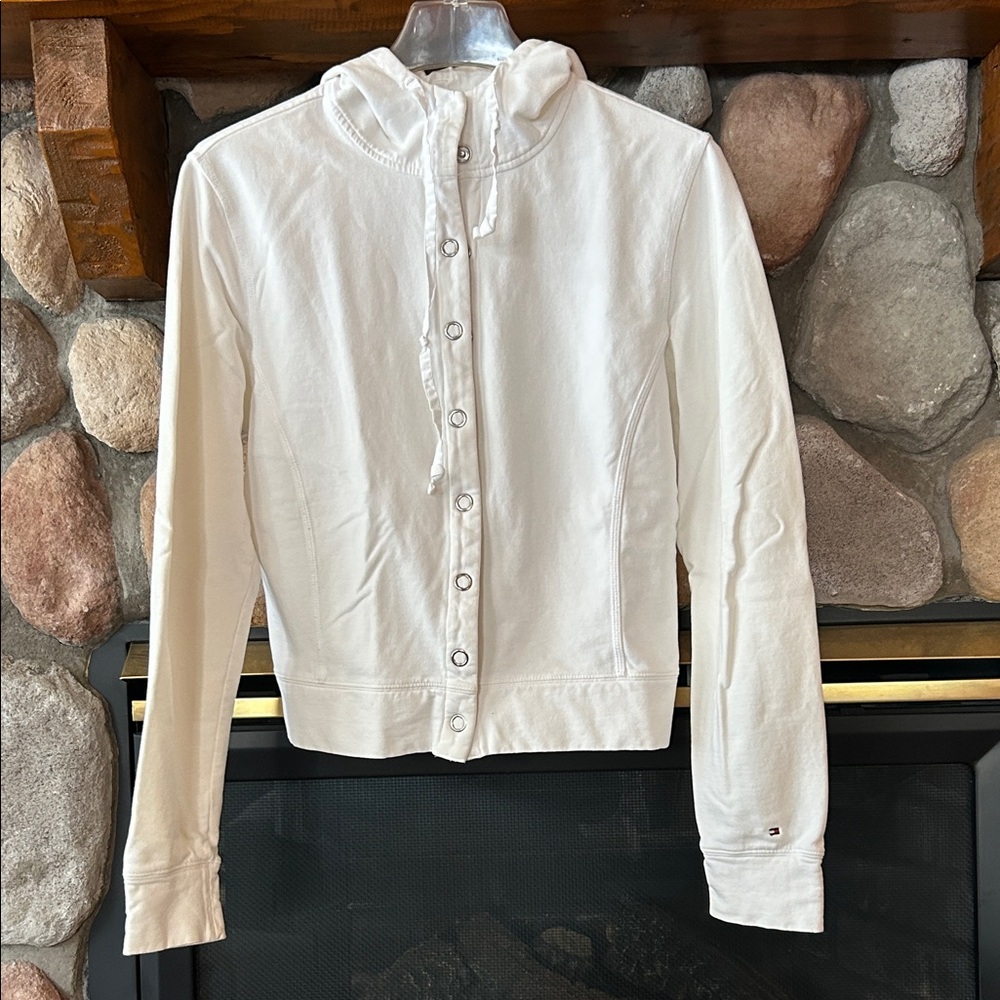 Tommy Hilfiger White Snap Closure Cotton Hoodie, Size S